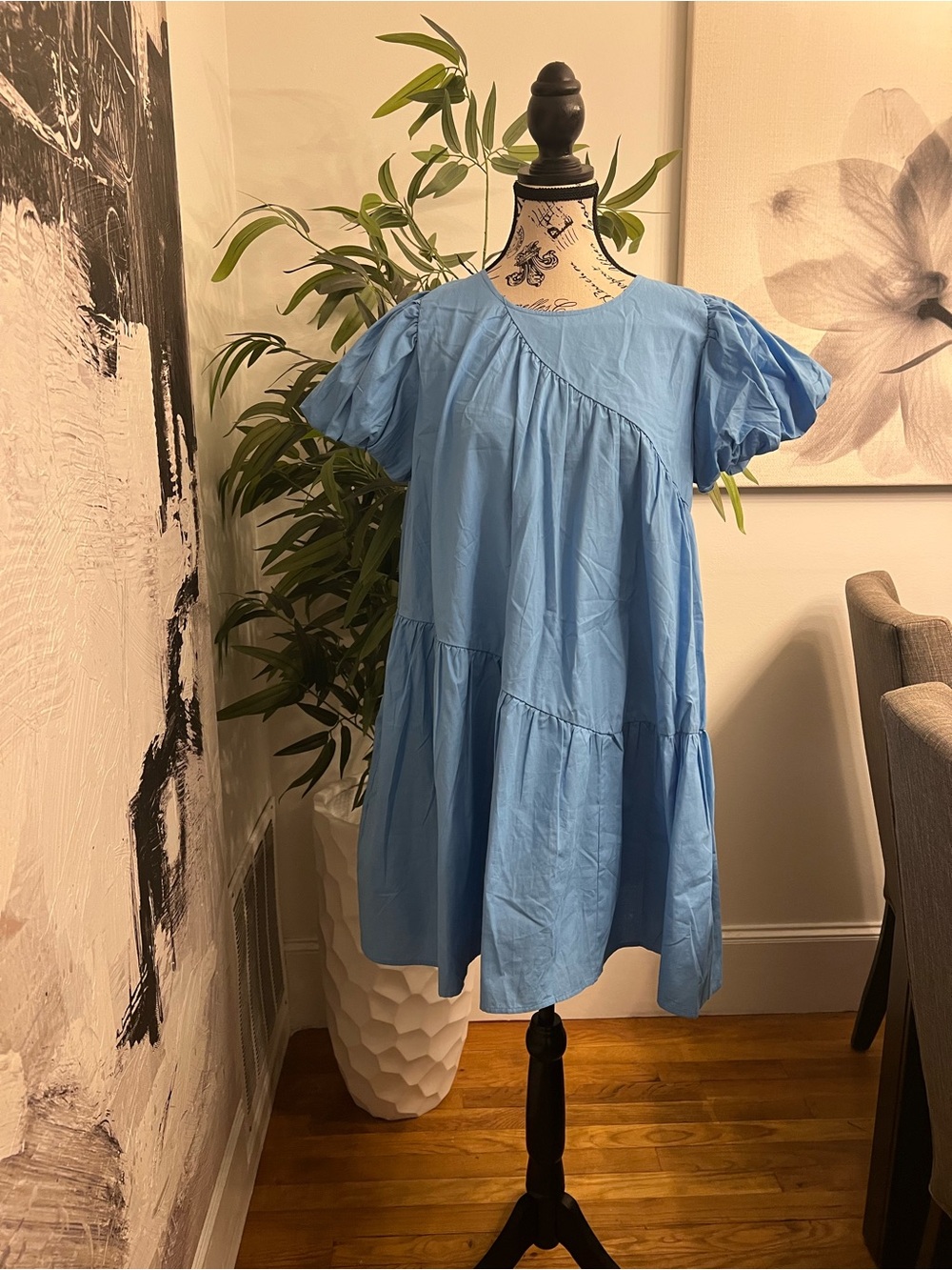 Sky Blue Puff-Sleeve Mini Dress